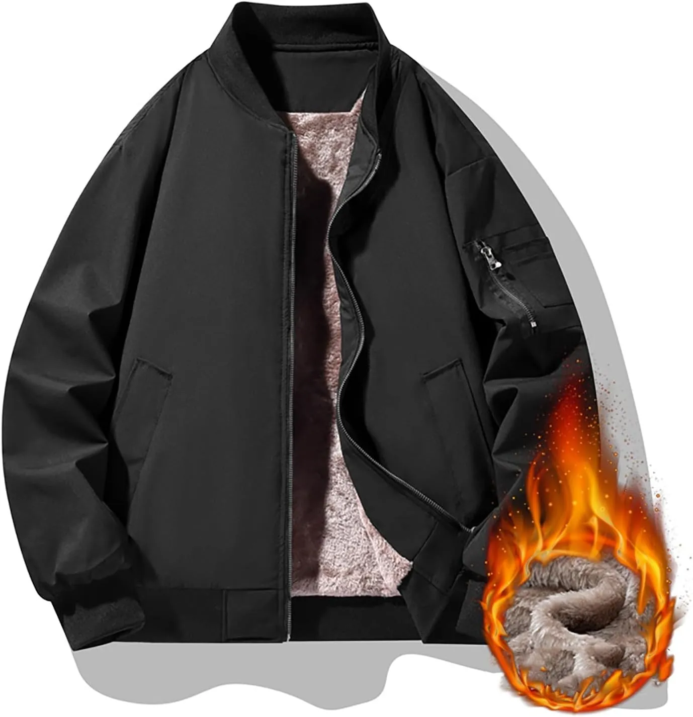 Men's Fleece Lined Bomber Jackets Plus Size Full Zip Winter Warm Flight Coat Casual Multiple Pockets Padded Outwear