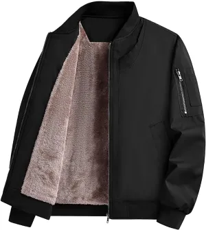 Men's Fleece Lined Bomber Jackets Plus Size Full Zip Winter Warm Flight Coat Casual Multiple Pockets Padded Outwear