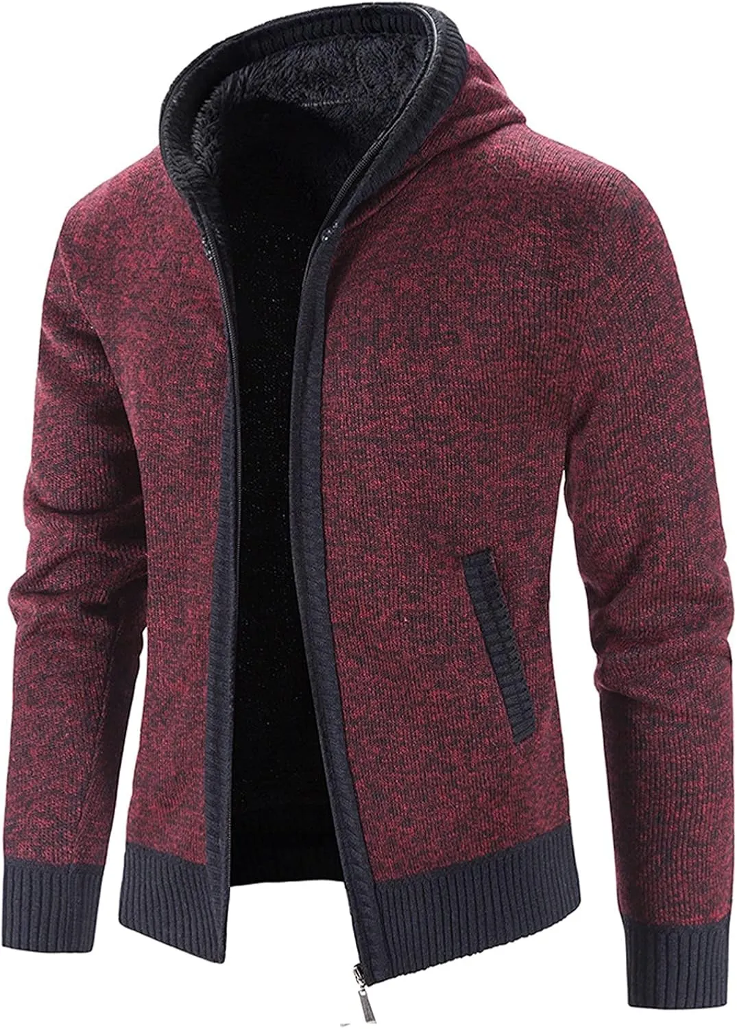 Mens Fleece Lined Cable Knit Cardigan Sweaters with Hood Slim Fit Zip Up Hooded Sweatshirts Casual Long Sleeve Jumper