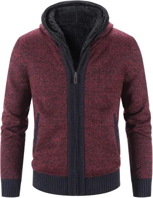 Mens Fleece Lined Cable Knit Cardigan Sweaters with Hood Slim Fit Zip Up Hooded Sweatshirts Casual Long Sleeve Jumper