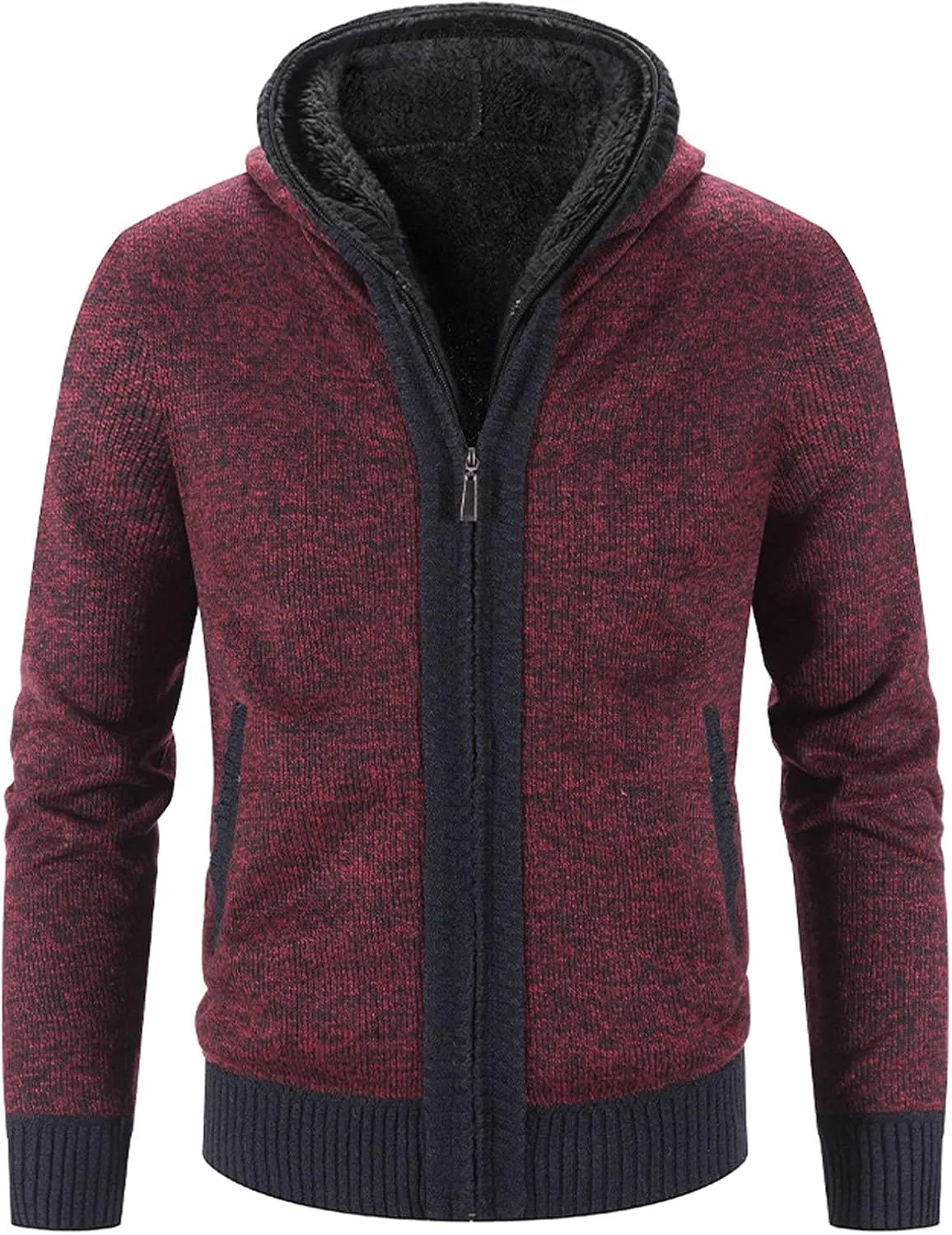 Mens Fleece Lined Cable Knit Cardigan Sweaters with Hood Slim Fit Zip Up Hooded Sweatshirts Casual Long Sleeve Jumper