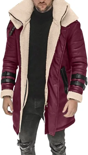 Mens Fuzzy Fleece Lined Faux Leather Jacket Big & Tall Parka with Fur Collar Winter Bomber Jacket Mid Length Overcoat