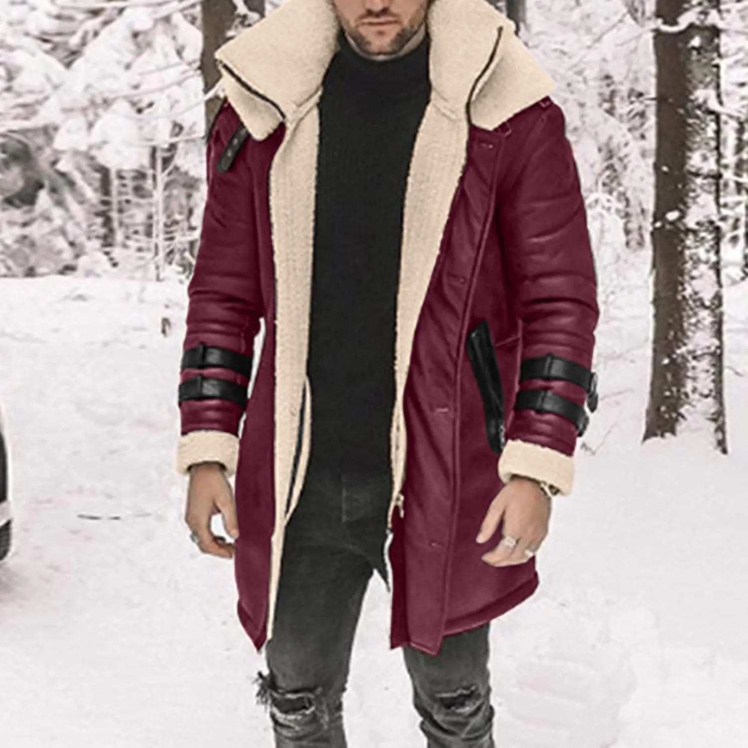 Mens Fuzzy Fleece Lined Faux Leather Jacket Big & Tall Parka with Fur Collar Winter Bomber Jacket Mid Length Overcoat