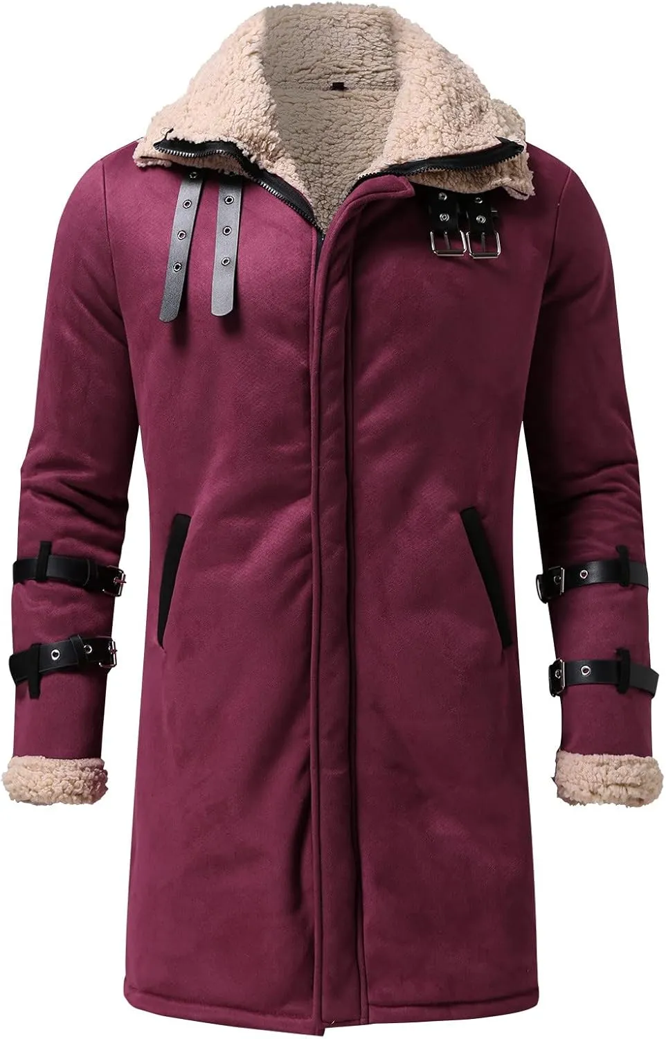 Mens Fuzzy Fleece Lined Faux Leather Jacket Big & Tall Parka with Fur Collar Winter Bomber Jacket Mid Length Overcoat