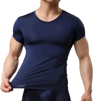 Mens Ice Silk Short Sleeve T Shirt Ultrathin Tight Translucent Summer Fashion Shaping Top Home Wear Underlay N
