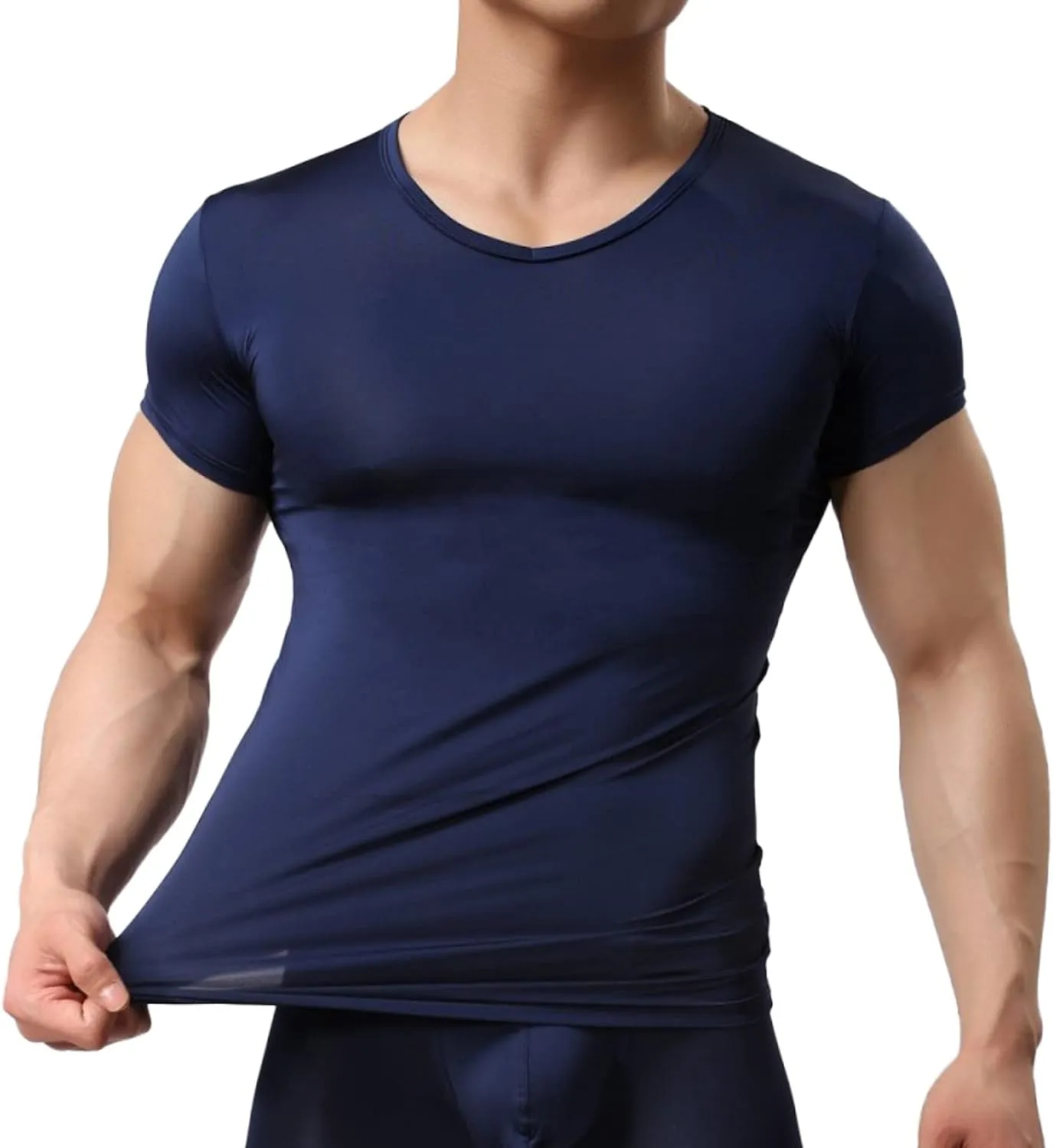 Mens Ice Silk Short Sleeve T Shirt Ultrathin Tight Translucent Summer Fashion Shaping Top Home Wear Underlay N