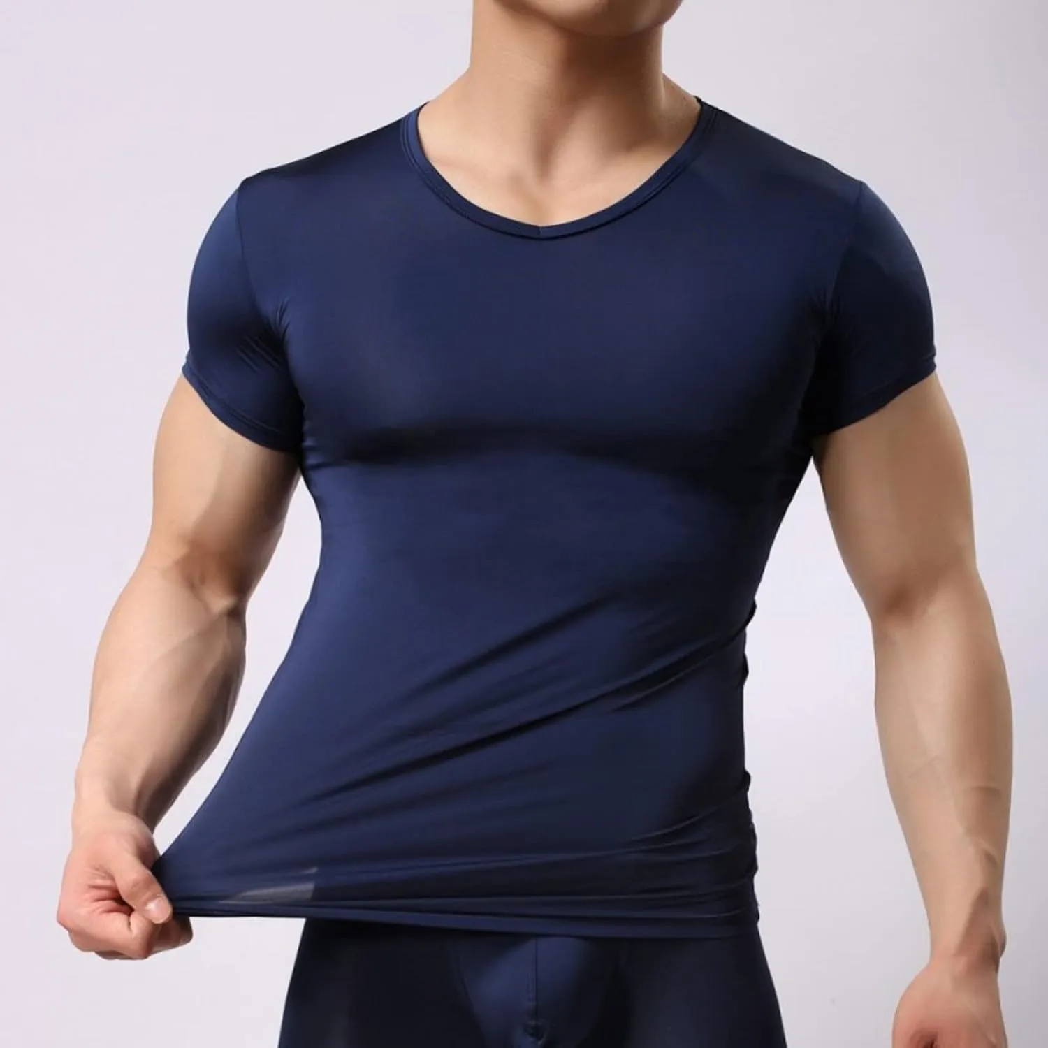 Mens Ice Silk Short Sleeve T Shirt Ultrathin Tight Translucent Summer Fashion Shaping Top Home Wear Underlay N