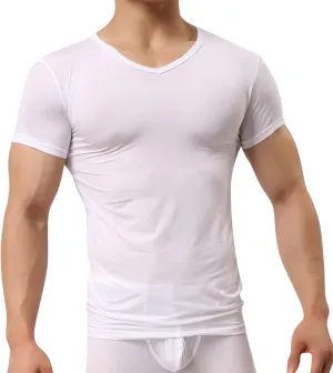 Mens Ice Silk Short Sleeve T Shirt Ultrathin Tight Translucent Summer Fashion Shaping Top Home Wear Underlay N