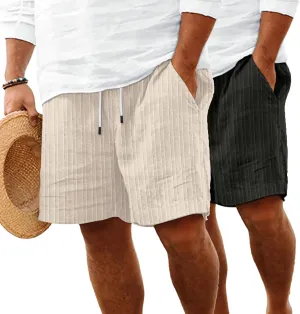 Mens Linen Shorts Flat Front Casual Elastic Waist Drawstring Summer Beach Vacation Relaxed Fit Shorts with Pocket