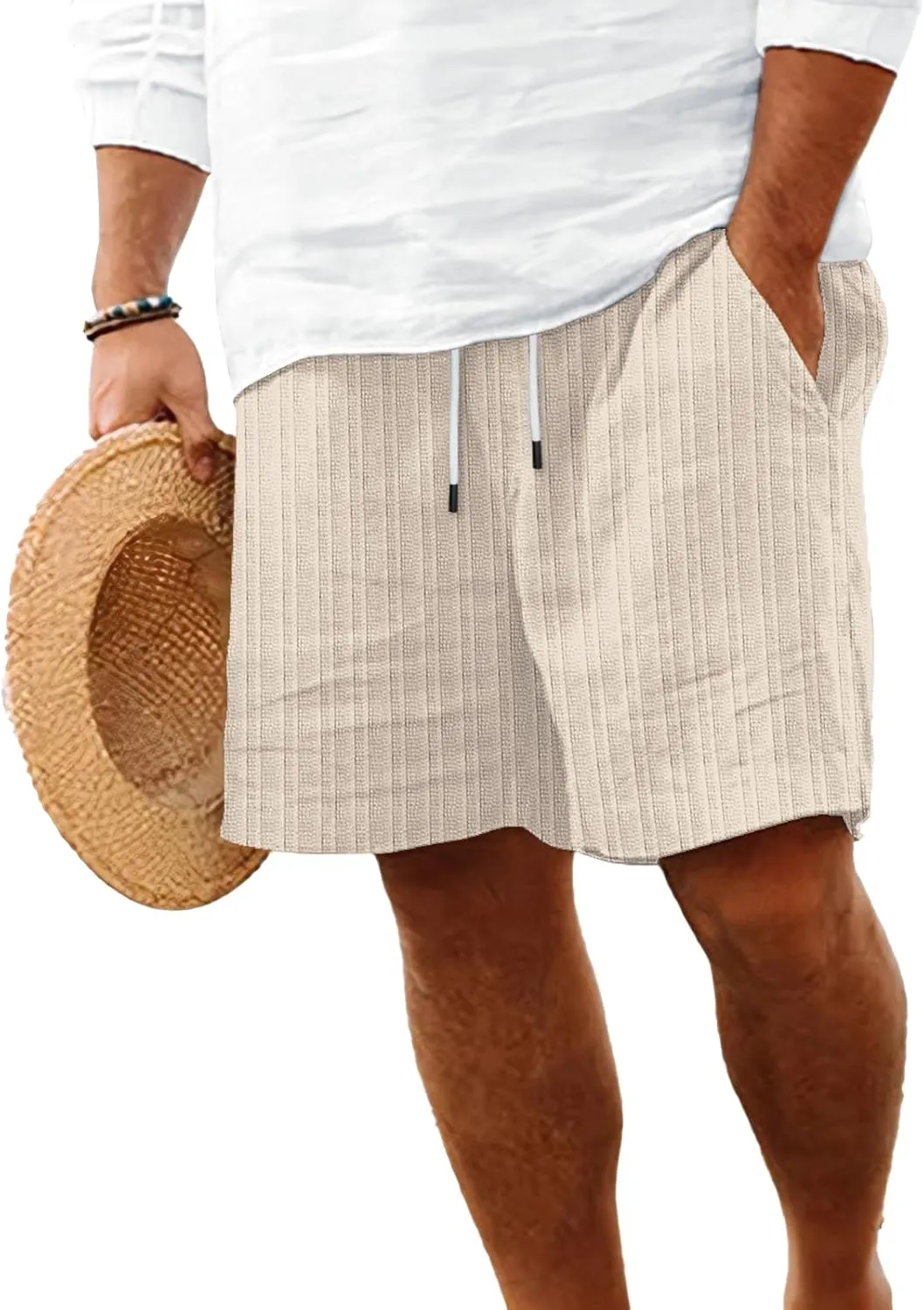Mens Linen Shorts Flat Front Casual Elastic Waist Drawstring Summer Beach Vacation Relaxed Fit Shorts with Pocket