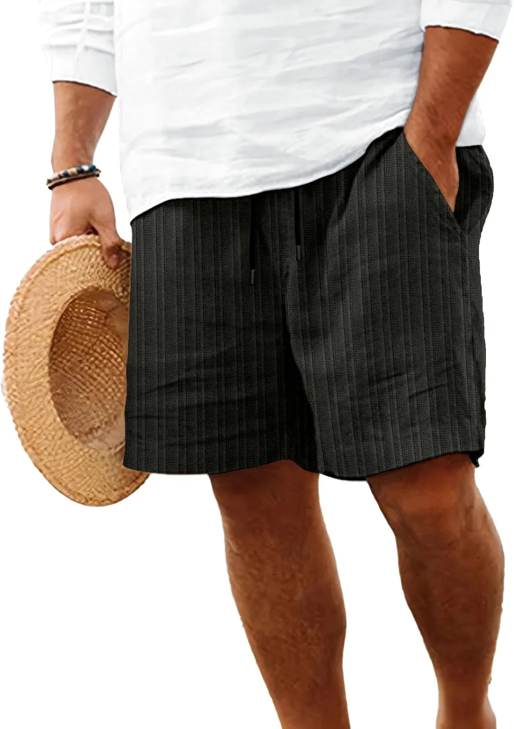 Mens Linen Shorts Flat Front Casual Elastic Waist Drawstring Summer Beach Vacation Relaxed Fit Shorts with Pocket