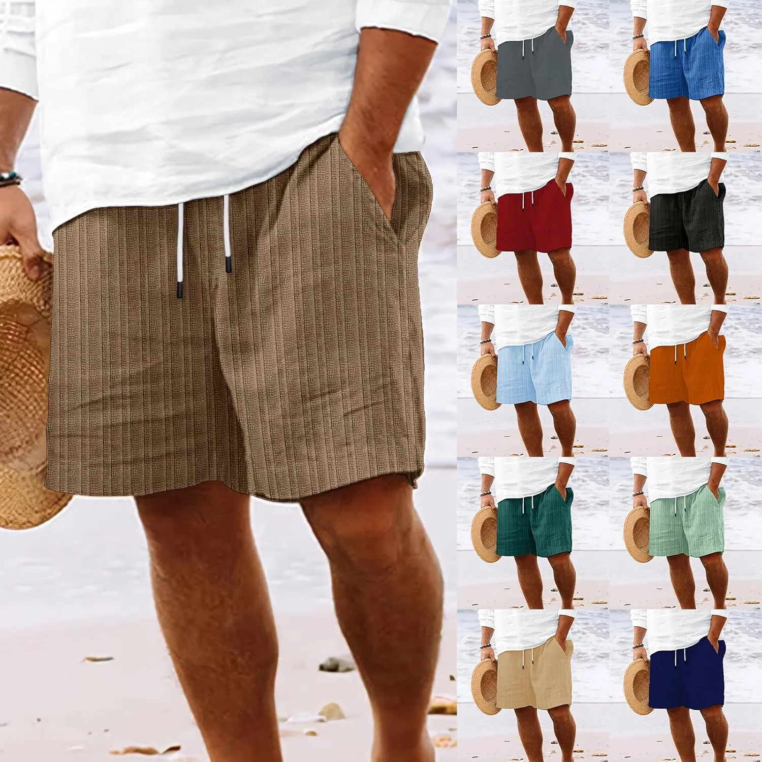 Mens Linen Shorts Flat Front Casual Elastic Waist Drawstring Summer Beach Vacation Relaxed Fit Shorts with Pocket