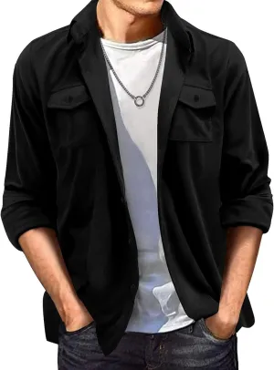 Men's Long Sleeve Button Down Shirts Casual Loose Fit Solid Color Lightweight Shirts Lapel Shacket Jacket with Pockets
