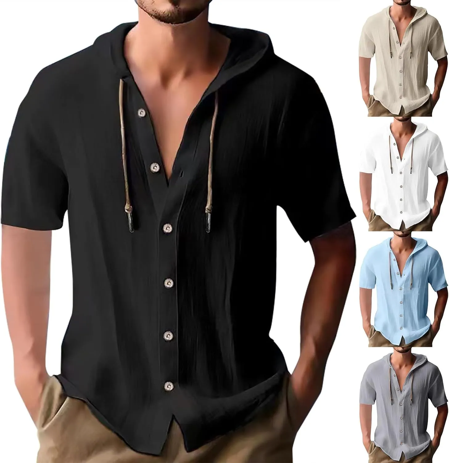Mens Long Sleeve Linen Shirts Hooded V Neck Button Up Hoodies Casual Vacation Hawaiian Beach Yoga Hippie Shirts