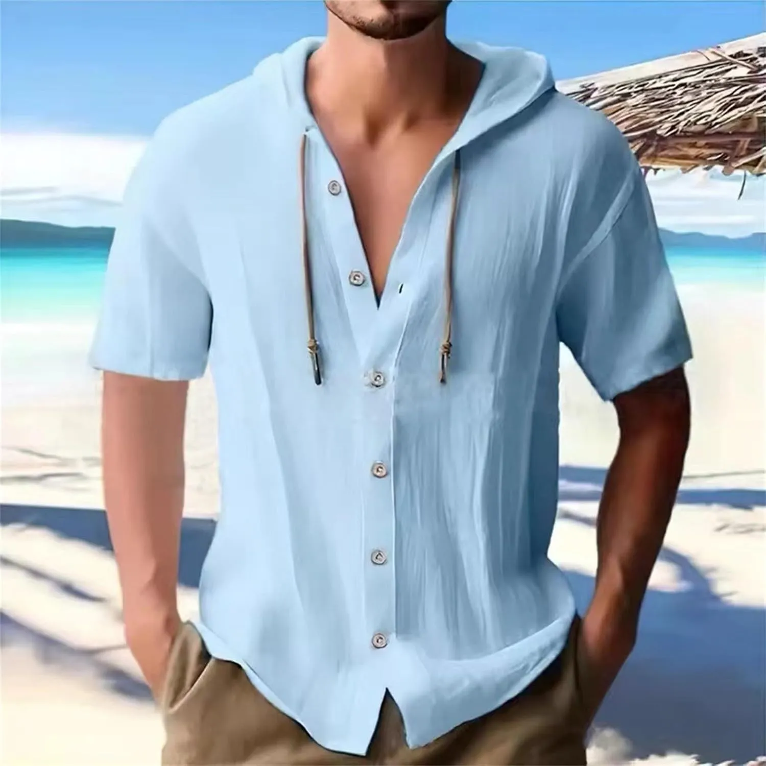 Mens Long Sleeve Linen Shirts Hooded V Neck Button Up Hoodies Casual Vacation Hawaiian Beach Yoga Hippie Shirts
