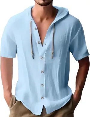 Mens Long Sleeve Linen Shirts Hooded V Neck Button Up Hoodies Casual Vacation Hawaiian Beach Yoga Hippie Shirts