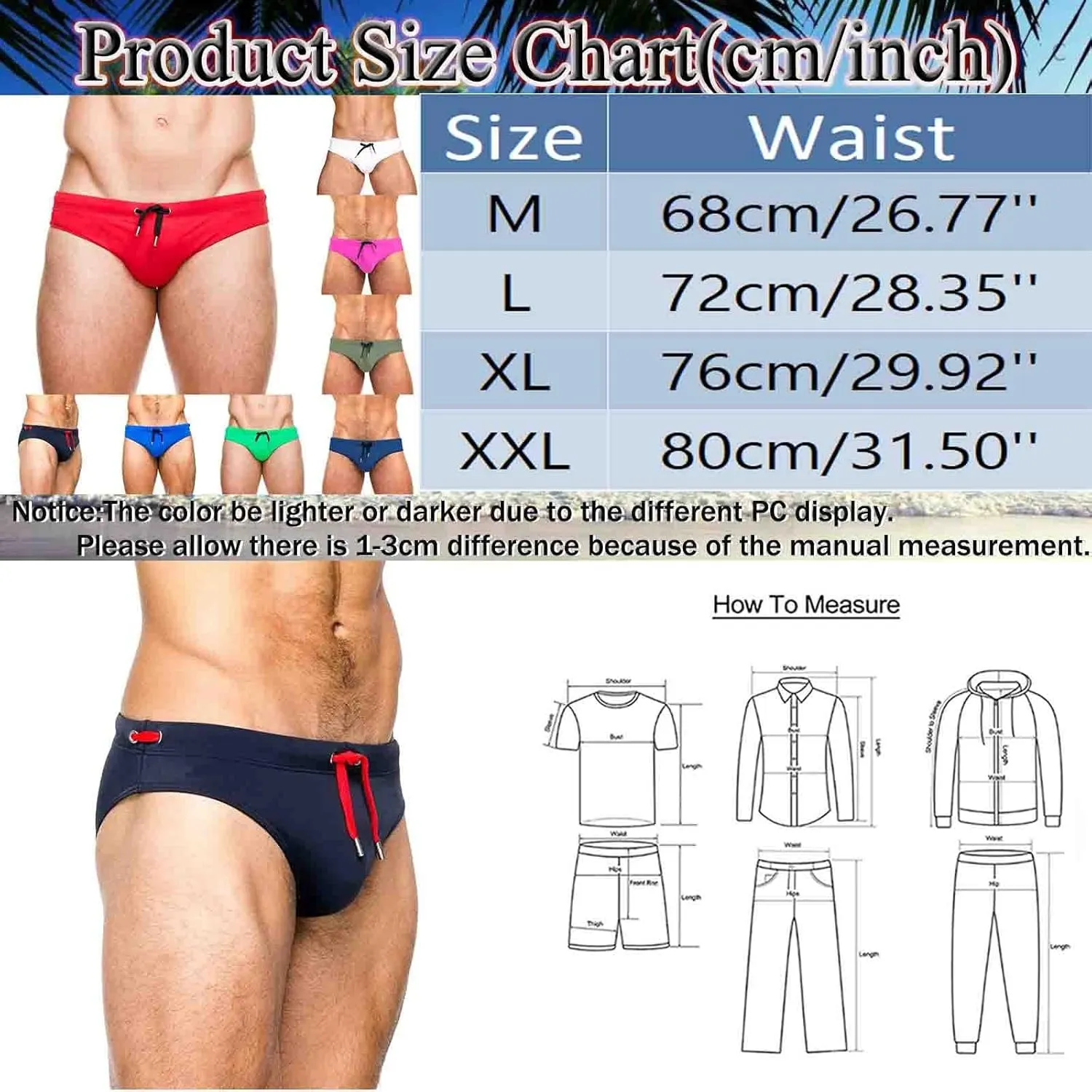 Men's Quick Dry Swimming Trunks Low Waist Briefs Solid Swimwear Swimsuit Surf Underwear with Elastic Drawstring