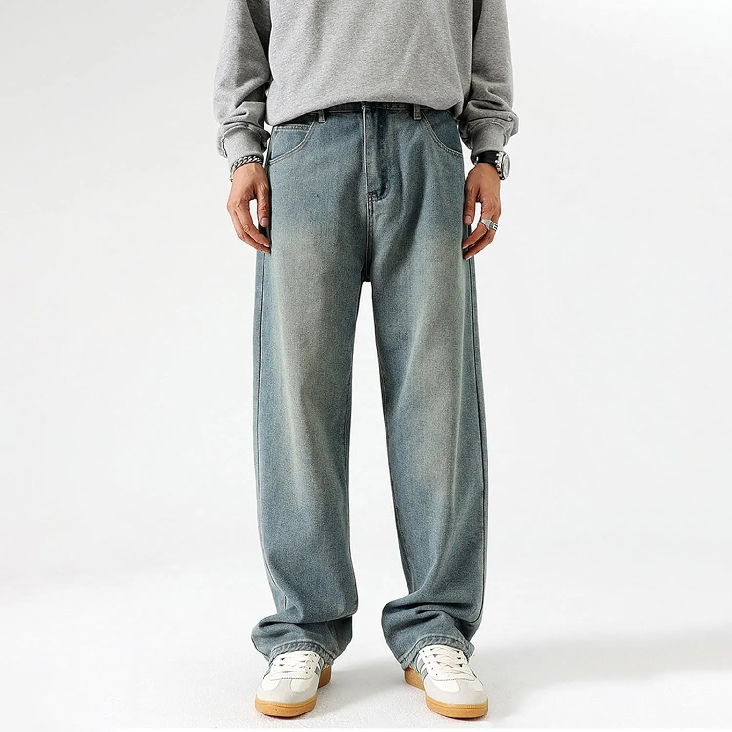Men's Regular Fit Jeans Vintage Straight Wide Leg Denim Pants with Pockets Casual Streetwear Y2k Baggy Jeans Trousers