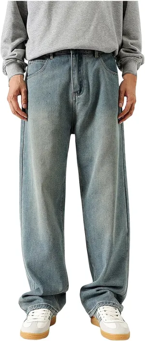 Men's Regular Fit Jeans Vintage Straight Wide Leg Denim Pants with Pockets Casual Streetwear Y2k Baggy Jeans Trousers