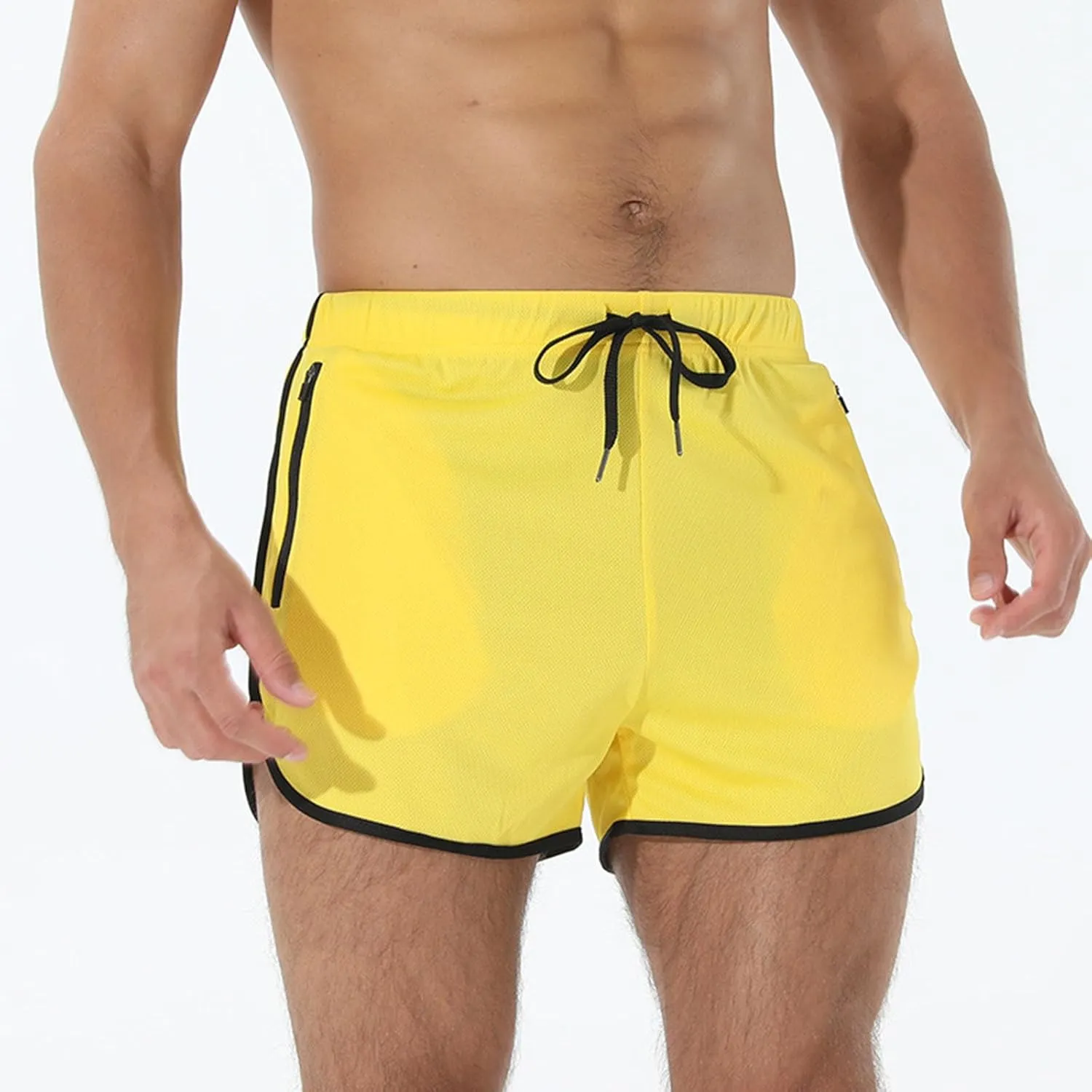 Men's Running Shorts Drawstring Bodybuilding Short Breathing Quick Dry Workout Training Pants with Zipper Pockets
