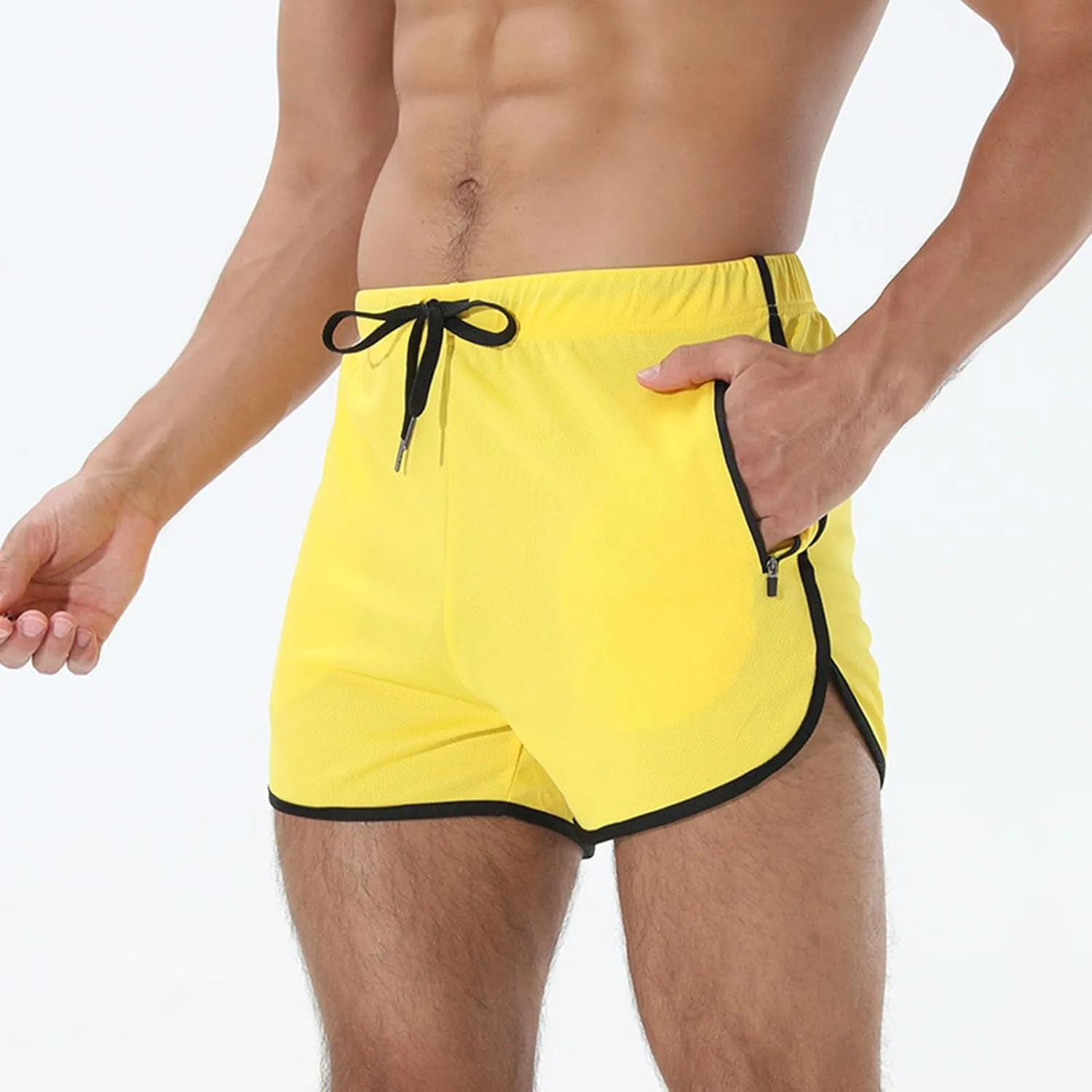 Men's Running Shorts Drawstring Bodybuilding Short Breathing Quick Dry Workout Training Pants with Zipper Pockets