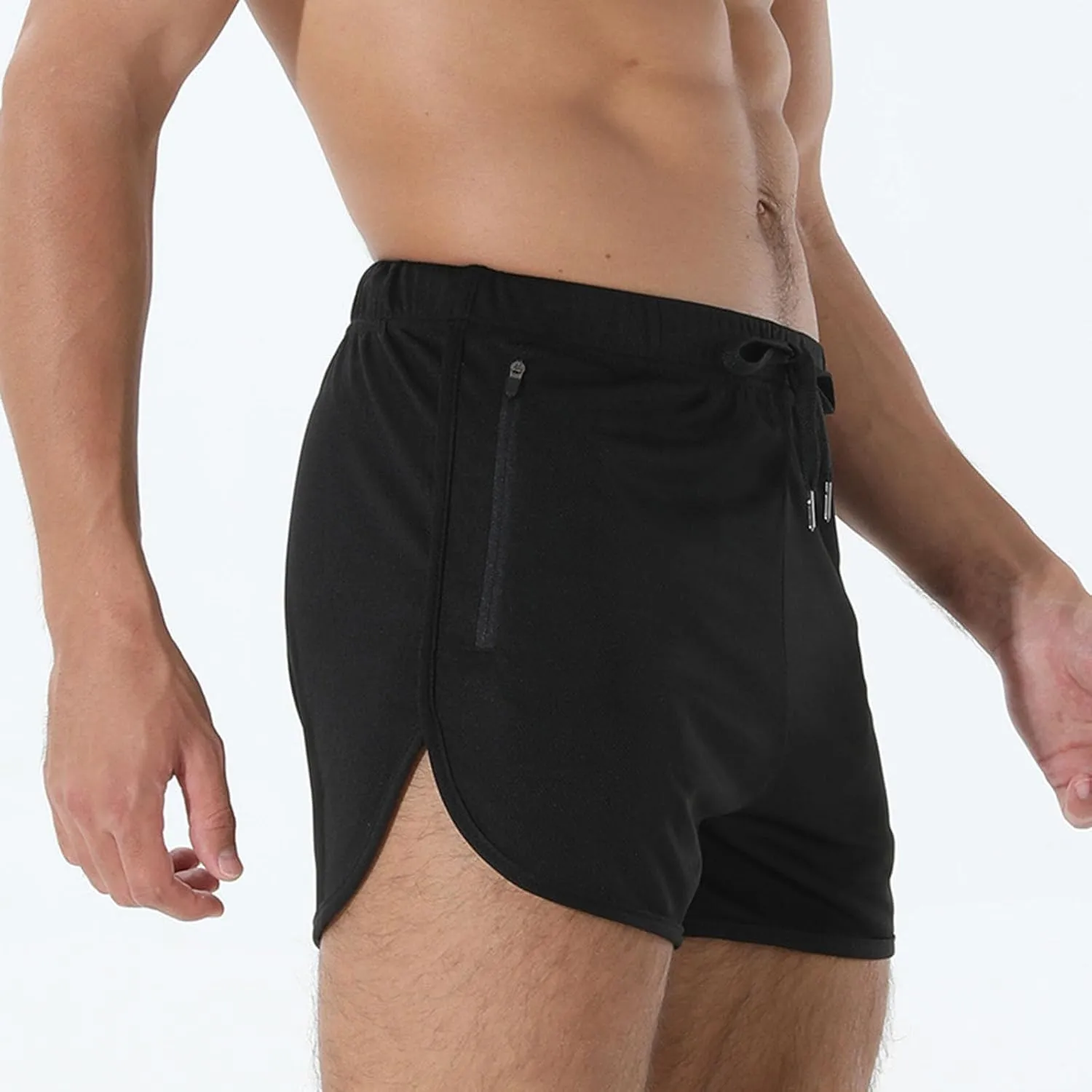 Men's Running Shorts Drawstring Bodybuilding Short Breathing Quick Dry Workout Training Pants with Zipper Pockets