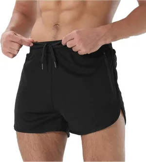 Men's Running Shorts Drawstring Bodybuilding Short Breathing Quick Dry Workout Training Pants with Zipper Pockets