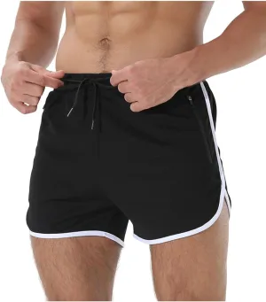 Men's Running Shorts Drawstring Bodybuilding Short Breathing Quick Dry Workout Training Pants with Zipper Pockets