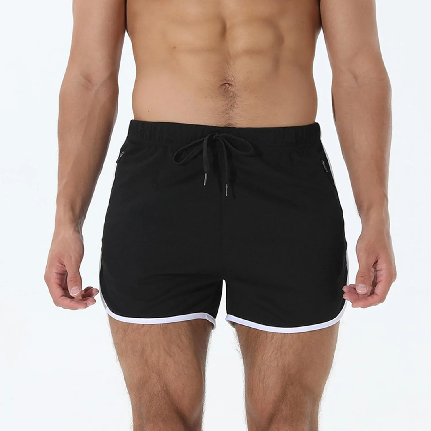 Men's Running Shorts Drawstring Bodybuilding Short Breathing Quick Dry Workout Training Pants with Zipper Pockets