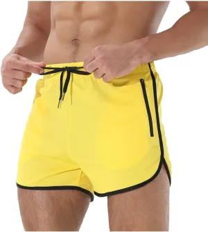 Men's Running Shorts Drawstring Bodybuilding Short Breathing Quick Dry Workout Training Pants with Zipper Pockets