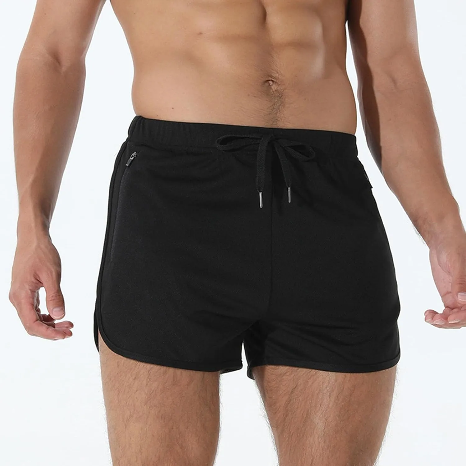 Men's Running Shorts Drawstring Bodybuilding Short Breathing Quick Dry Workout Training Pants with Zipper Pockets