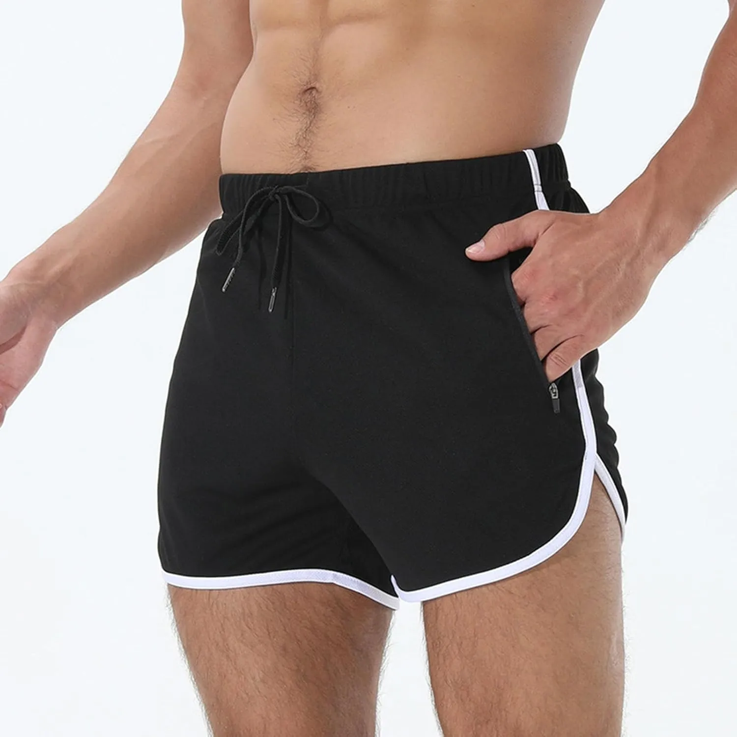 Men's Running Shorts Drawstring Bodybuilding Short Breathing Quick Dry Workout Training Pants with Zipper Pockets