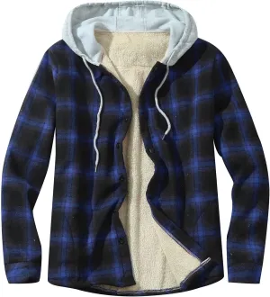 Mens Sherpa Fleece Lined Plaid Hoodie Jackets Long Sleeve Button Down Coat Slim Fit Fannel Jacket Patchwork Jackets