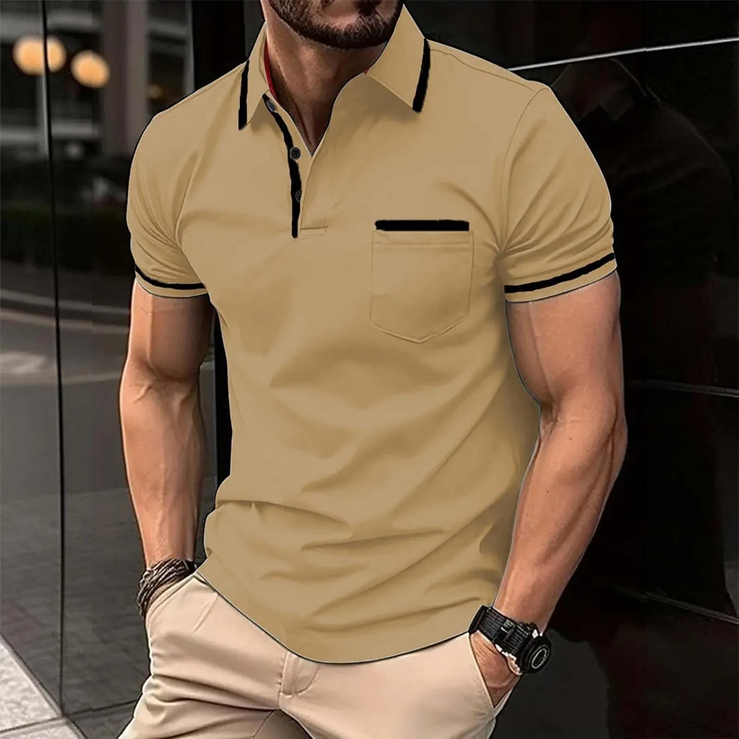 Mens Shirts Casual Fashion Button Down Short Sleeve Polo Shirt Summer Vacation Shirts Loose Athletic Pullover Tee