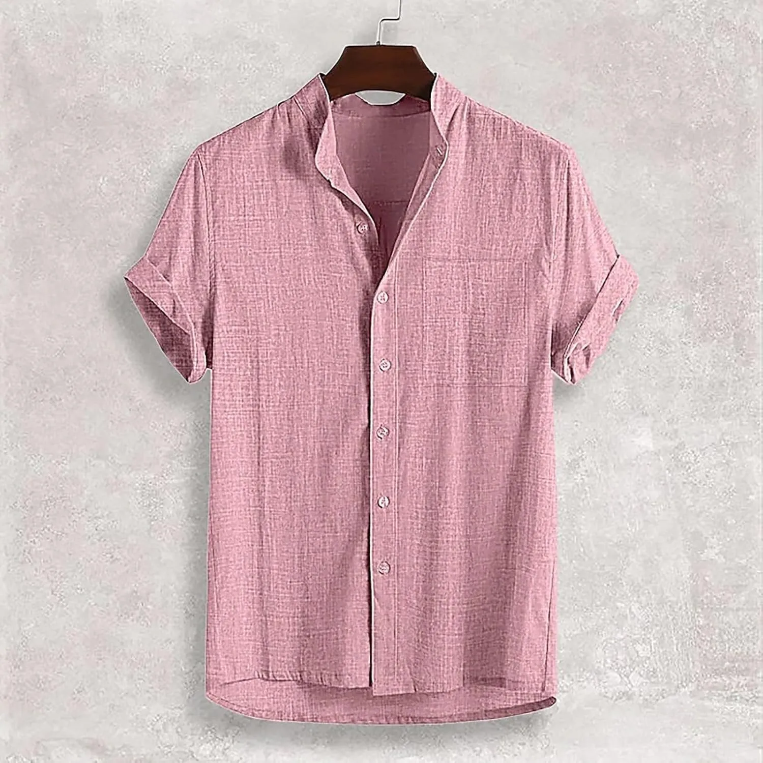 Men's Short Sleeve Band Collar Shirts Lightweight Casual Solid Button Down Shirts Regular Fit Summer Tops with Pocket