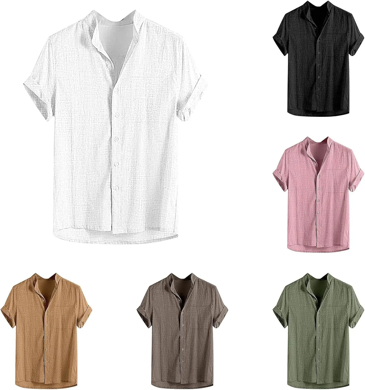 Men's Short Sleeve Band Collar Shirts Lightweight Casual Solid Button Down Shirts Regular Fit Summer Tops with Pocket