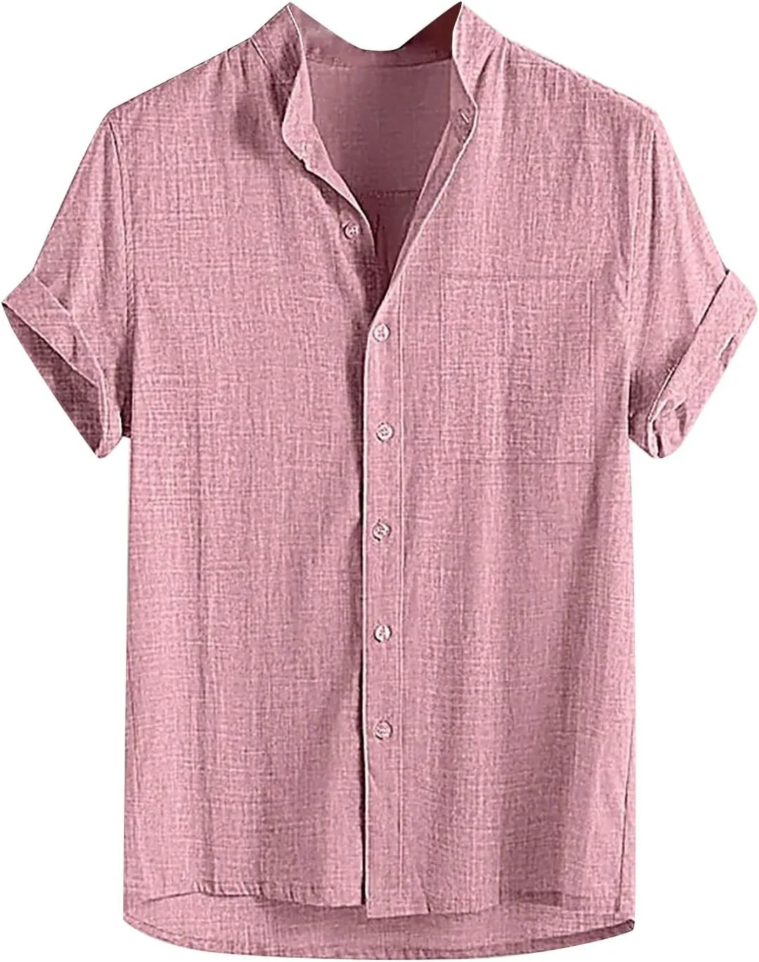 Men's Short Sleeve Band Collar Shirts Lightweight Casual Solid Button Down Shirts Regular Fit Summer Tops with Pocket