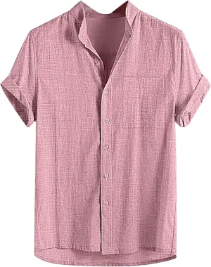 Men's Short Sleeve Band Collar Shirts Lightweight Casual Solid Button Down Shirts Regular Fit Summer Tops with Pocket