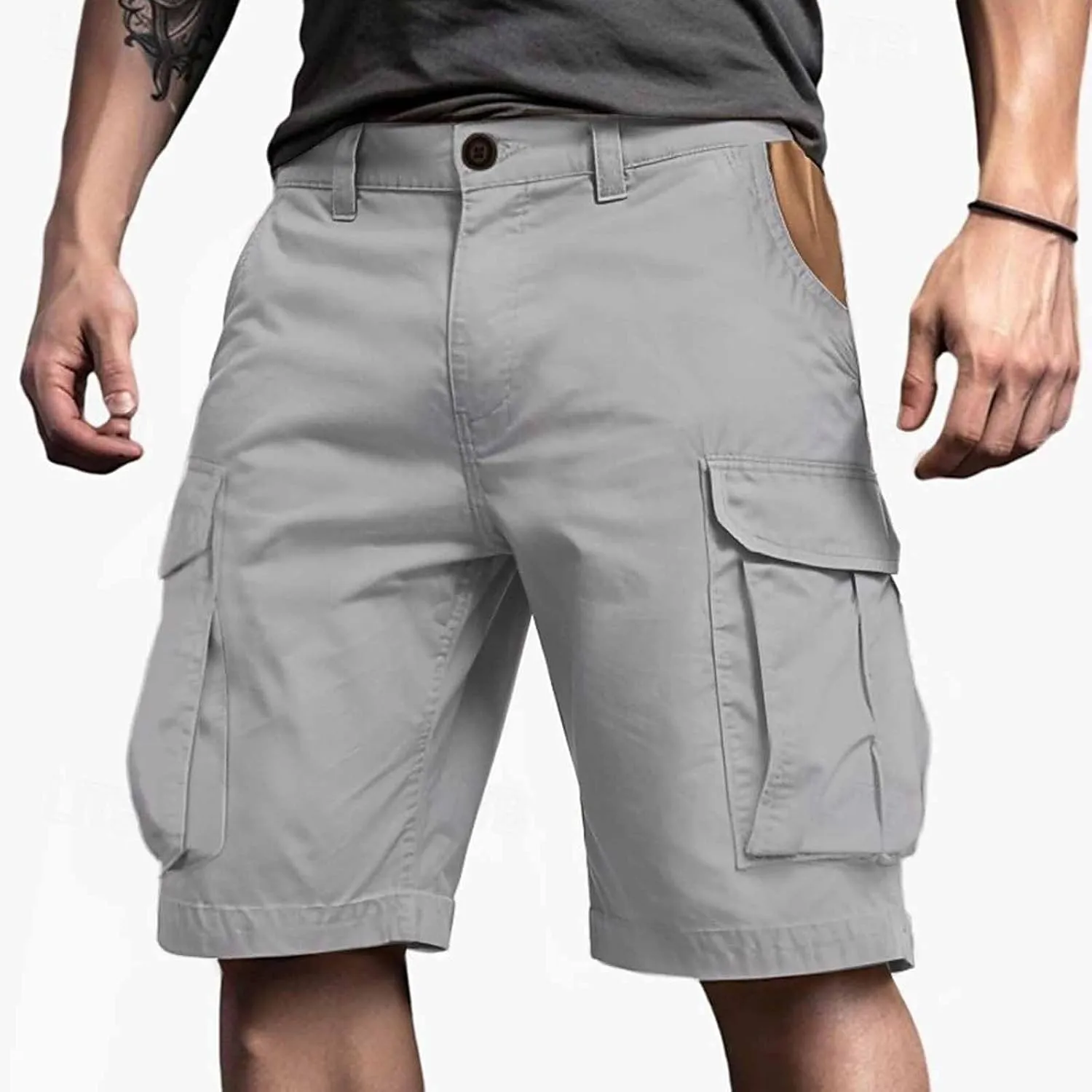 Mens Shorts Cargo with Multi Pockets Zipper Button Outdoor Summer Big and Tall Lightweight Wide Leg Gym Pant for Men