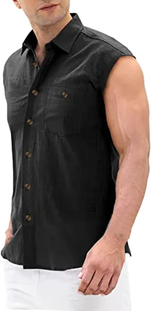 Mens Sleeveless Button Down Shirts Fashion Cotton Linen Pocket Front Cut Off Gym Muscle Shirts Summer Beach Basic Tank Tops