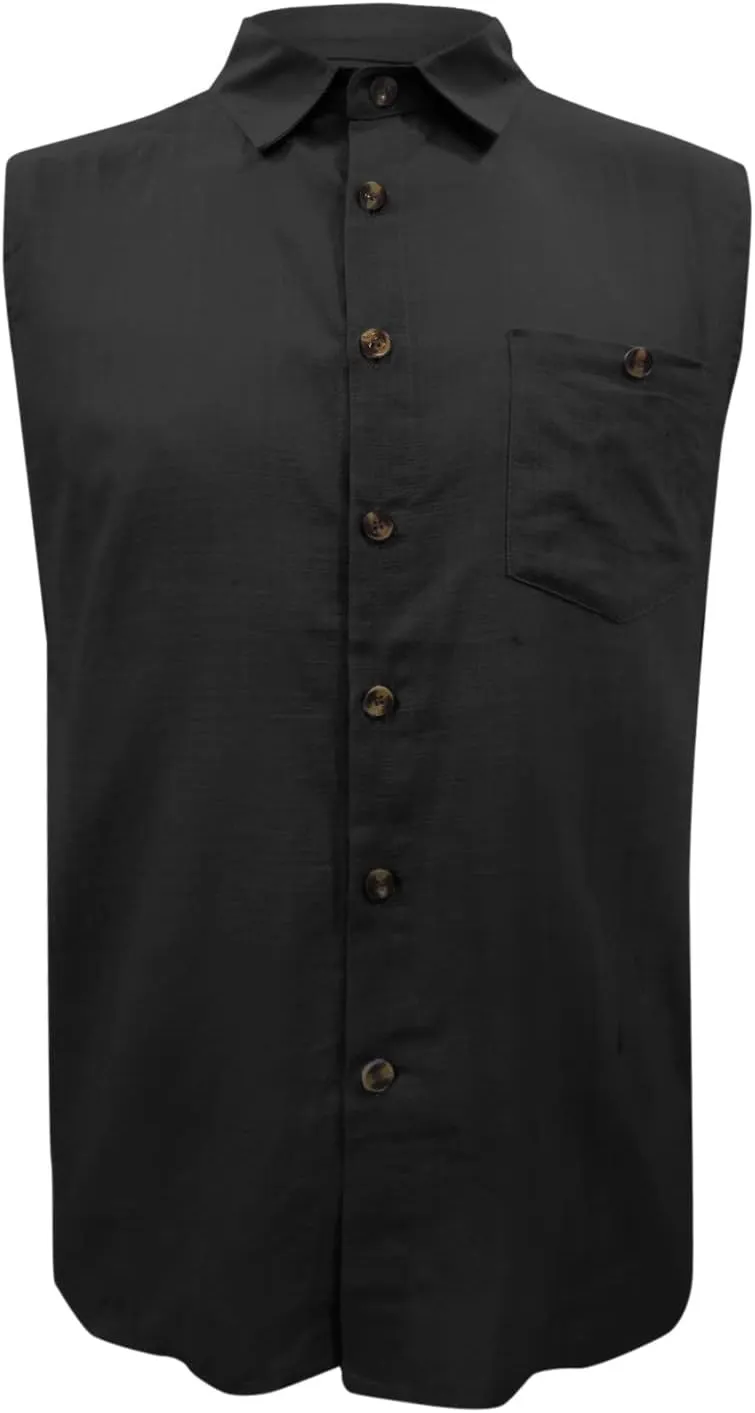 Mens Sleeveless Button Down Shirts Fashion Cotton Linen Pocket Front Cut Off Gym Muscle Shirts Summer Beach Basic Tank Tops