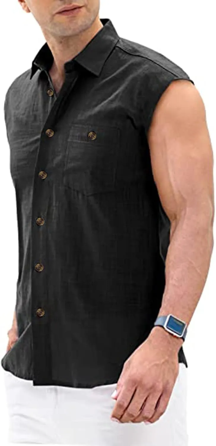 Mens Sleeveless Button Down Shirts Fashion Cotton Linen Pocket Front Cut Off Gym Muscle Shirts Summer Beach Basic Tank Tops