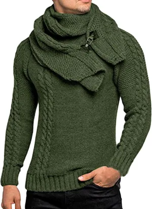 Mens Slim Fit Pullover Sweaters with Scarf Turtleneck Knit Sweater Warm Jumper Lightweight Long Sleeve Pullovers