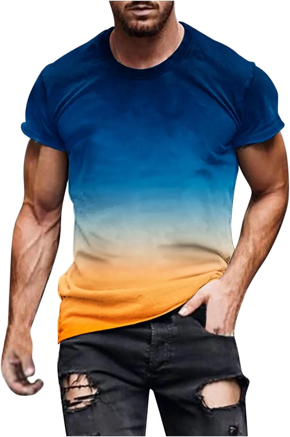 Men's Summer T-Shirts 2024 Casual Crew Neck Short Sleeve Gradient Color Tops Fashion Loose Workout Tee Clothing