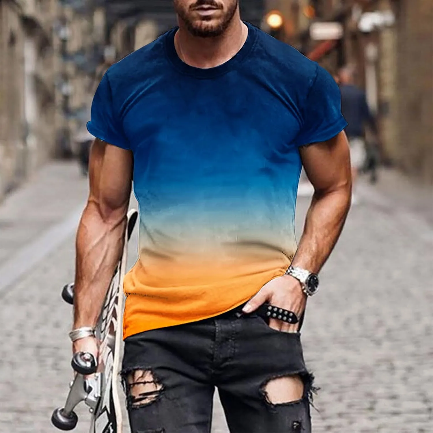 Men's Summer T-Shirts 2024 Casual Crew Neck Short Sleeve Gradient Color Tops Fashion Loose Workout Tee Clothing