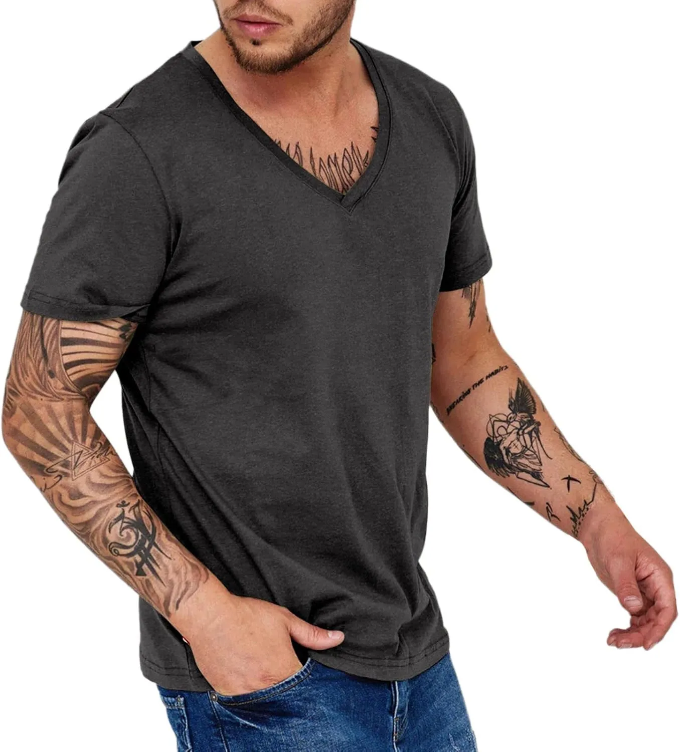 Men's Workout V Neck T Shirt Short Sleeve Breathable Stretch Athletic Training Muscle Shirt Moisture Wicking Gym Active Wear