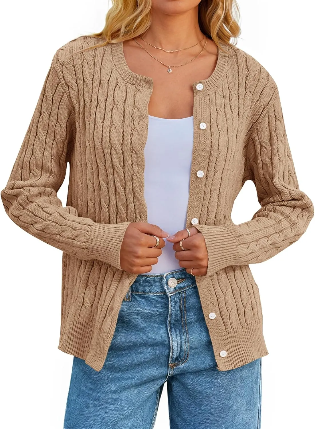 MEROKEETY Women's Cable Knit Open Front Cardigan Sweaters Fall Long Sleeve Button Down Soft Outwear