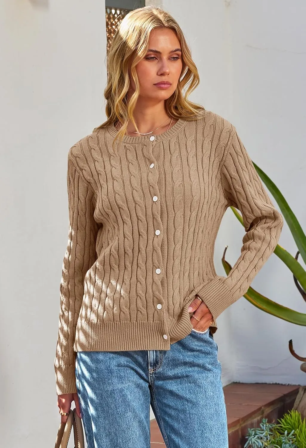 MEROKEETY Women's Cable Knit Open Front Cardigan Sweaters Fall Long Sleeve Button Down Soft Outwear