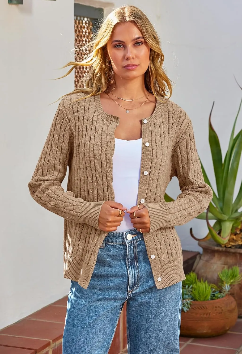 MEROKEETY Women's Cable Knit Open Front Cardigan Sweaters Fall Long Sleeve Button Down Soft Outwear