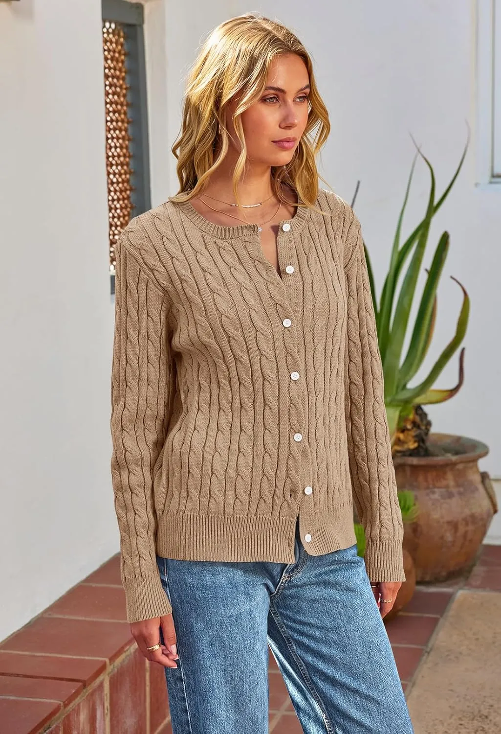 MEROKEETY Women's Cable Knit Open Front Cardigan Sweaters Fall Long Sleeve Button Down Soft Outwear